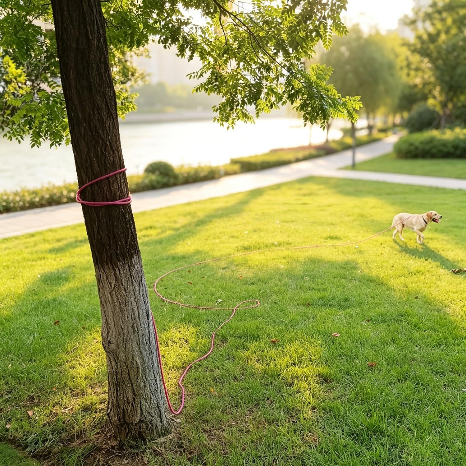 A dog on a MayPaw tie-out rope clipped to a tree in a sunny park
