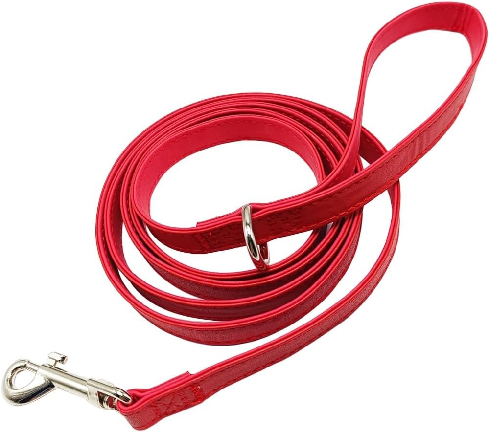 MayPaw 6 ft Leather Dog Leash, 5/8" with Bag D-Ring — Red